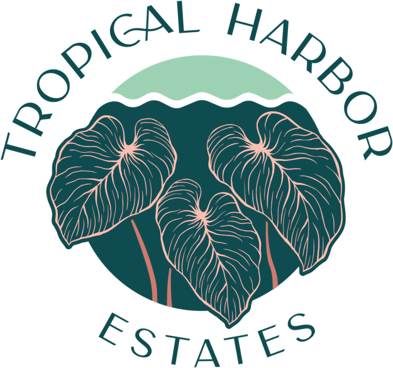 Logo for "Tropical Harbor Estates" featuring three large tropical leaves in front of a stylized sun and water background.