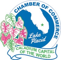 Lake Placid Chamber of Commerce logo with Florida map, caladium leaves, and text: "Lake Placid Caladium Capital of the World.