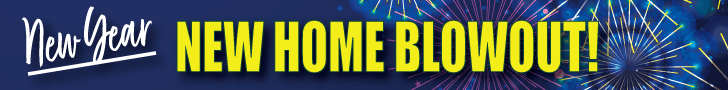 Banner with "New Year NEW HOME BLOWOUT!" in bold yellow text on a blue background, with fireworks graphics in the corners.